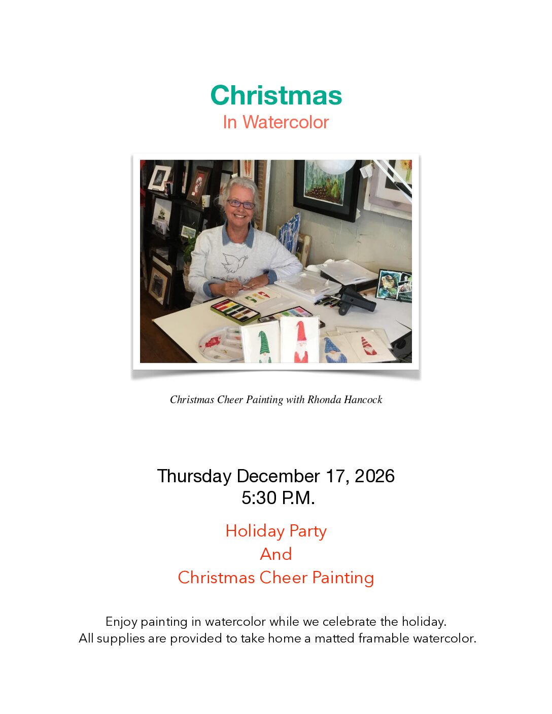 12/17/26 -  Christmas Cheer Painting in Watercolor w/Rhonda Hancock